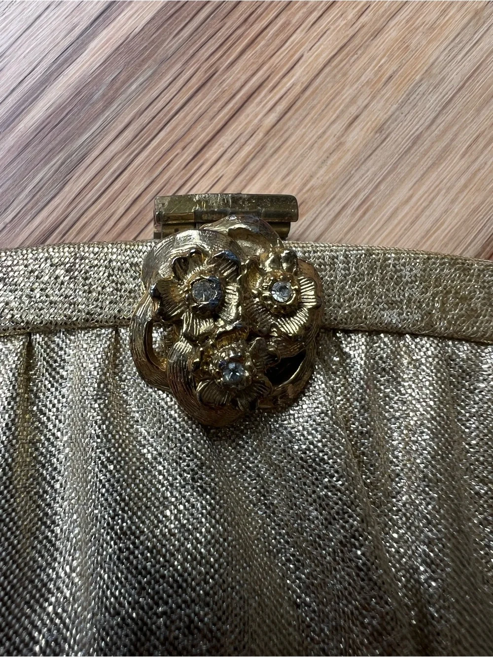 Vintage 1960s Harry Levine HL USA Gold Lame Evening Bag Rhinestone Clasp Purse